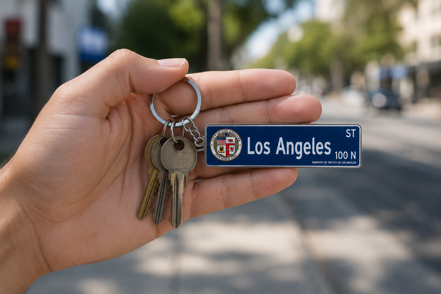 A custom street sign keychain held up on a city street